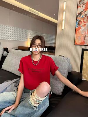 BLUETREE 2025新年款卡通刺绣短袖t恤女春宽松显瘦百搭全棉舒适潮