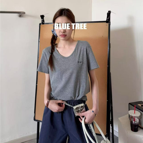 BLUE TREE蓝树正品 夏季新款韩版大U领女式短袖T恤纯色上衣女透气