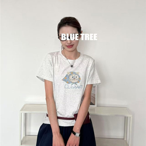 BLUE TREE蓝树正品设计感猫咪印花T恤女韩系简约正肩短袖上衣百搭