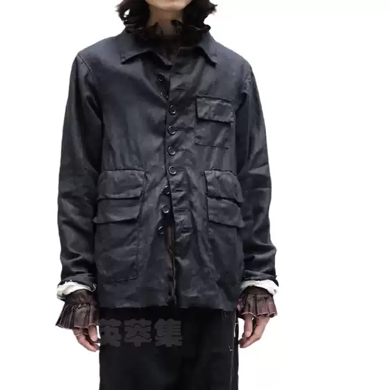 Elena Dawson Imported Heavyweight Linen Multi-Pocket Decorative Artisan-Style Original Vintage Workwear Jacket