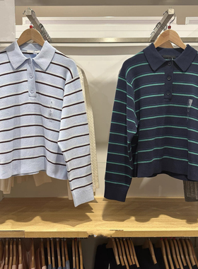 棵米0素家棉质休闲风POLO领条纹针织衫长袖毛衣毛衫484503/482971