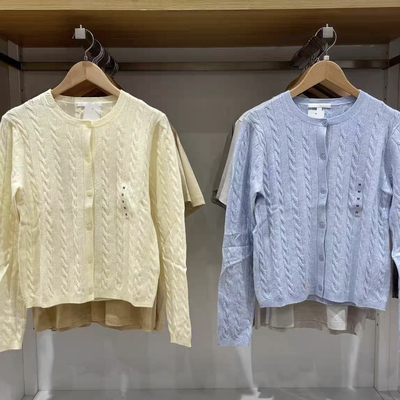 ^棵米0素家麻花圆领针织开衫纽花毛衣毛衫外套通勤空调衫488123