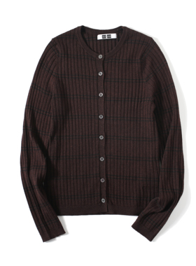 官网199！女装精纺美利奴羊毛罗纹圆领条纹针织短开衫秋冬481408