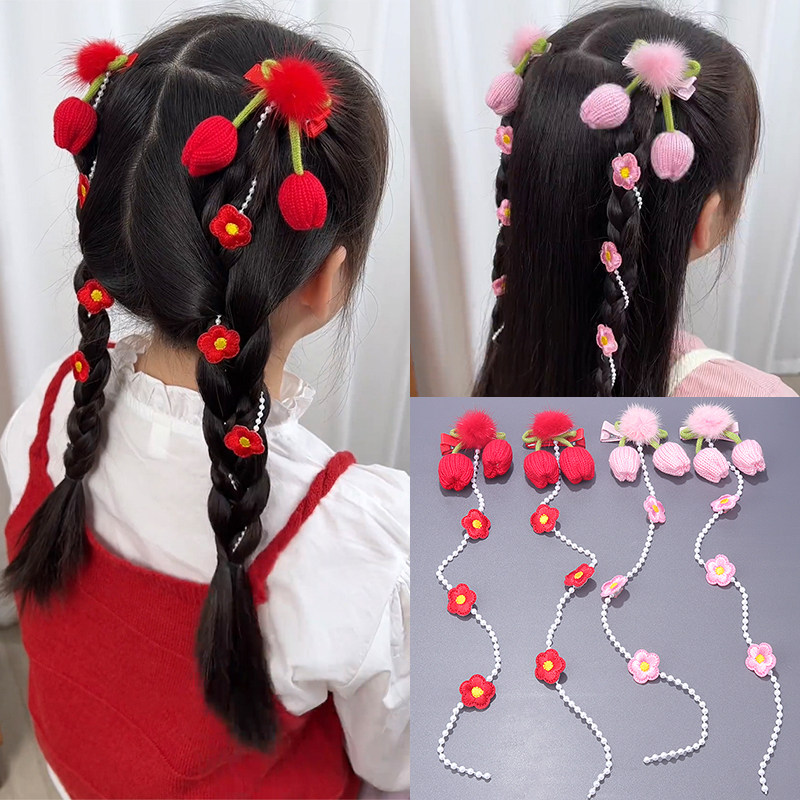 新年儿童红色毛绒蝴蝶结编发公主链珍珠花朵甜美流苏古风发夹头饰,童装/婴儿装/亲子装,发饰,淘宝优惠券,粉丝福利购,淘宝优惠卷