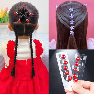 新年儿童红色珍珠花朵发扣盘发小花扣夹女童甜美豆豆夹编辫子头饰
