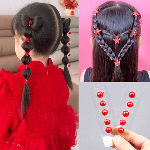 新年儿童喜庆红色珍珠发扣编发头饰小女孩迷你小花朵辫子豆豆扣夹
