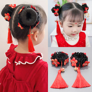 2025新年儿童花朵蝴蝶假发圈女童中国风红色喜庆流苏双丸子头发饰