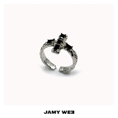 JAMYWEE银做旧镶锆石开口戒指