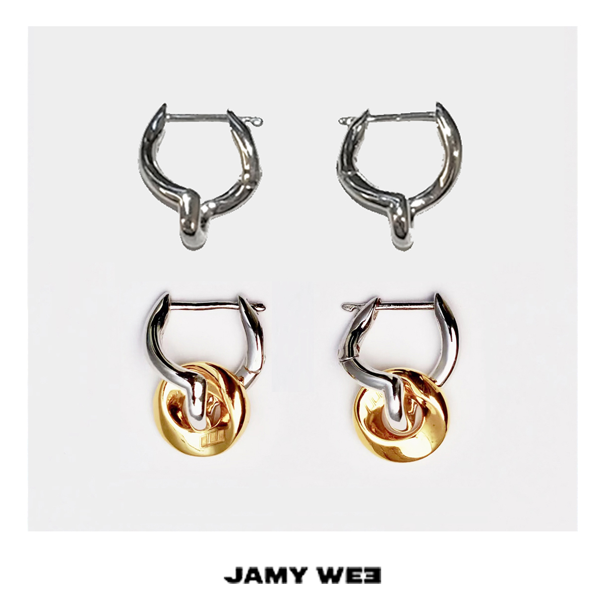 银镀白金穿镀金吊环耳环