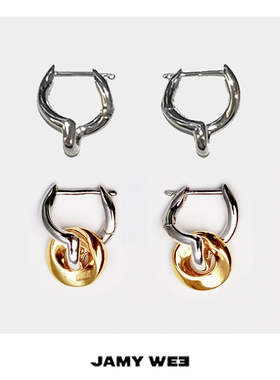 JAMY WEE原创设计 925银镀白金穿莫斯比环吊坠情侣可拆卸扭转耳环