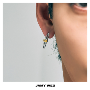 JAMY WEE原创设计 男女同款925银镀白金镶黄锆石梭形简洁小众耳钉