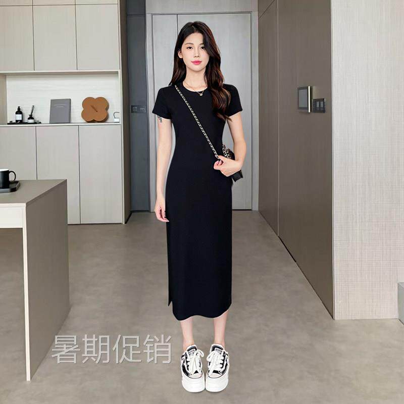 黑色短袖洋装女夏2025新款气质休闲 长裙收腰显瘦开 叉包臀小黑裙