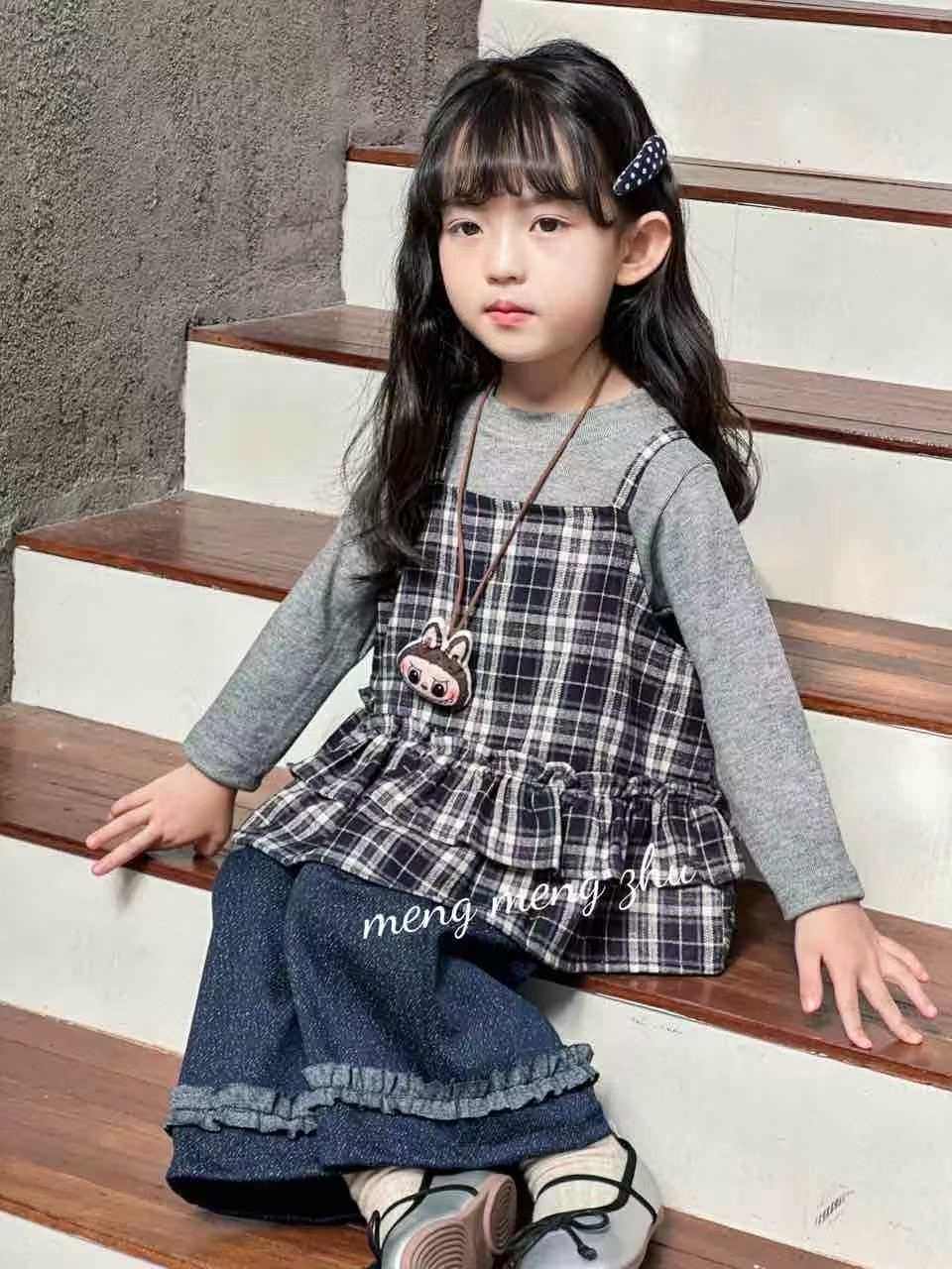 女童春秋季洋气格子阔腿裤裙套装套装