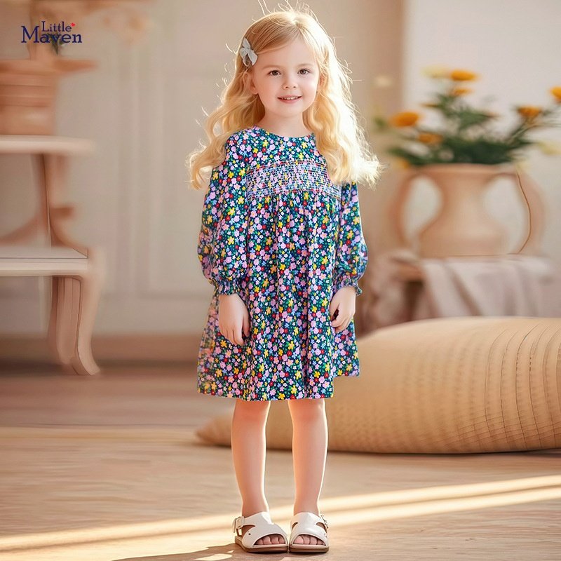 欧美跨境童裙 新款秋季长袖女童连衣裙 水印碎花儿童裙子