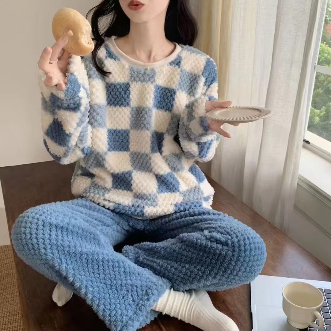 秋冬菠萝格子睡衣女加绒加厚珊瑚绒睡衣圆领可外穿保暖家居服