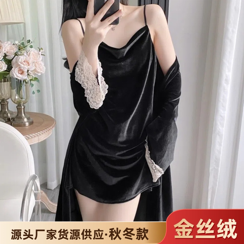 秋冬款金丝绒睡裙性感睡衣两件套装女纯欲风吊带睡袍家居服带胸垫