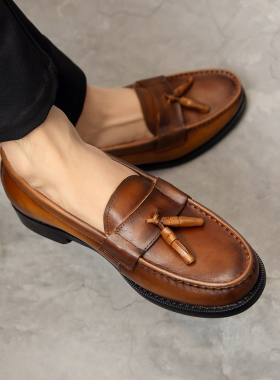 豆豆鞋男真皮2026新款夏英伦风流苏头层牛皮鞋懒人一脚蹬乐福鞋子