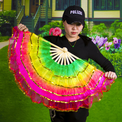 五层纱绿黄粉三色多色搭配摆字拼花造型竹子扇子舞蹈扇扭秧歌扇