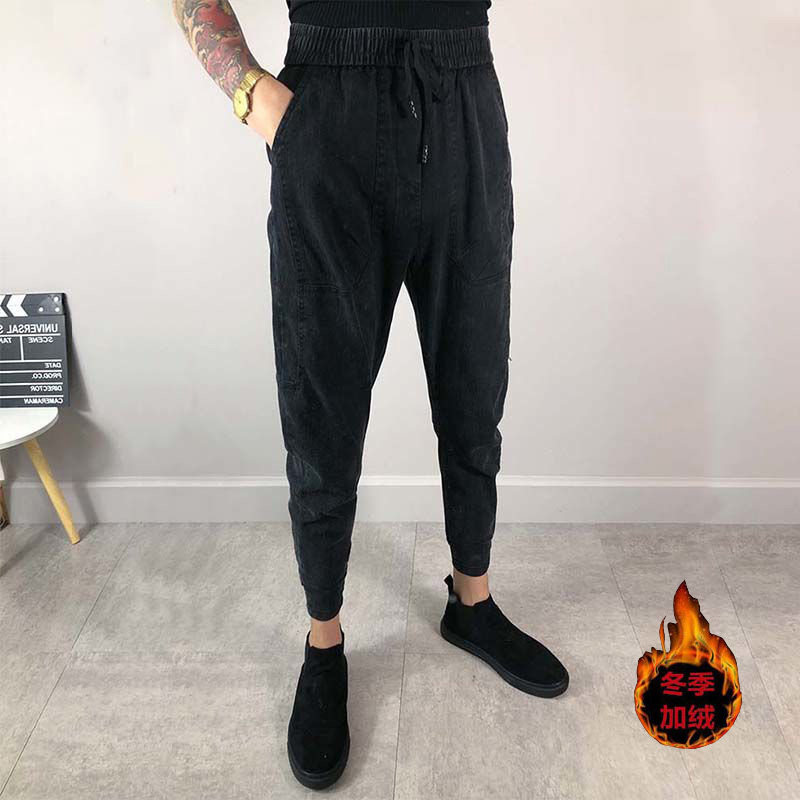 秋冬潮男黑色牛仔裤九分修身小脚裤社会精神小伙百搭束脚哈伦裤潮