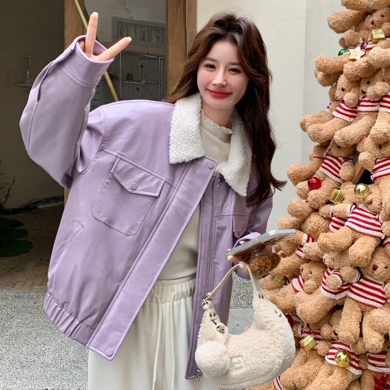 新款现货！冬季90绒梦幻紫皮衣羊羔毛拼接羽绒服D933-P275K378