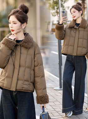 现货2025冬装时尚羽绒服羊羔毛拼接保暖小个子百搭简约外套韩版