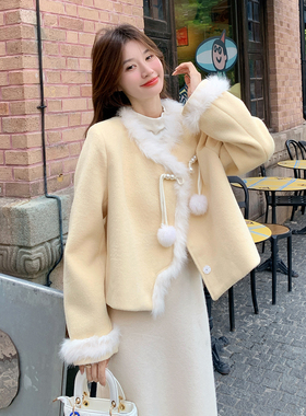 现货2D078-W6741-P195K298白毛条装饰清雅国风呢大衣夹棉