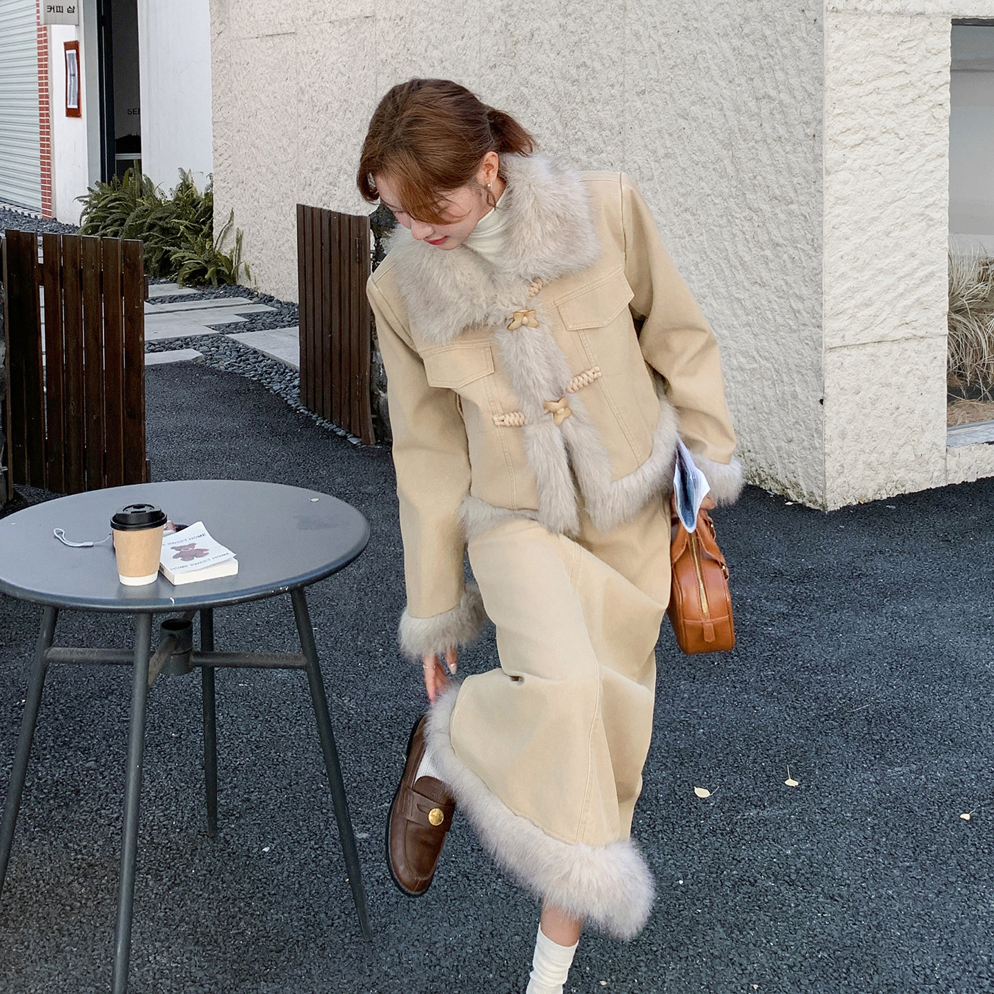 现货2D078-Y3379-P285K399外套内90绒/羊羔毛拼接套装/半裙加棉里