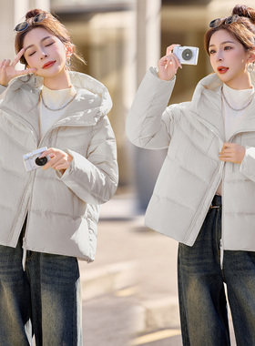 现货2025冬装时尚连帽棉衣宽松显瘦保暖加厚纯色羽绒棉服百搭韩版