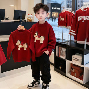 男童卡通小马红色毛衣2026新款男孩圆领套头针织衫加厚保暖打底衫