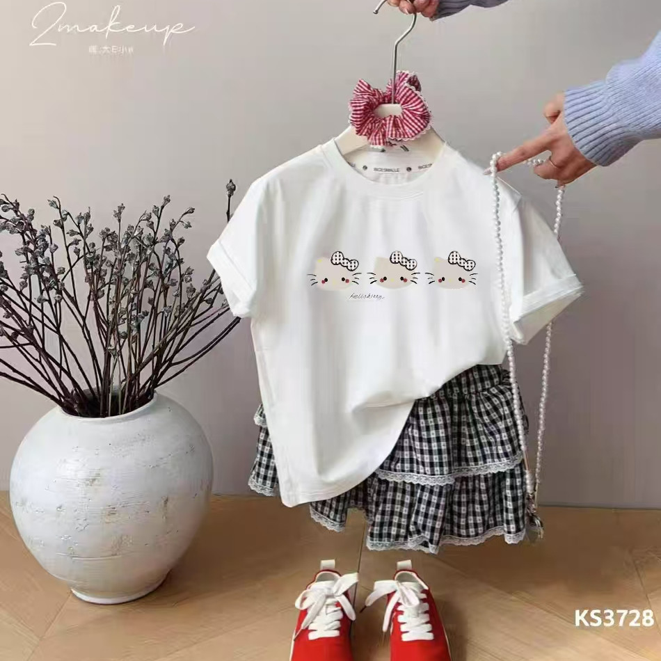 2026夏季童装女童洋气百搭短袖儿童卡通蝴蝶结印花T桖格子半身裙