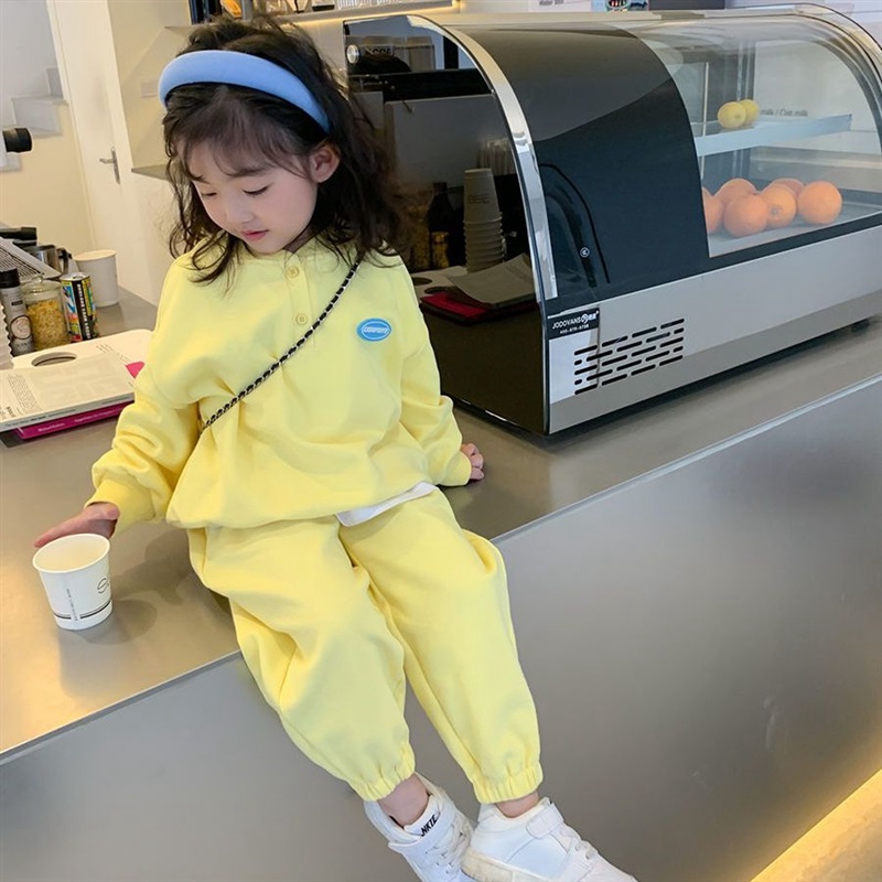女童套装2025春秋新款韩版洋气亮黄色卫衣长裤子儿童宝宝运动童装