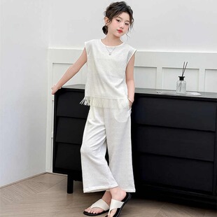 女童套装夏装2026新款儿童夏季名媛风流苏无袖上衣九分裤子两件套