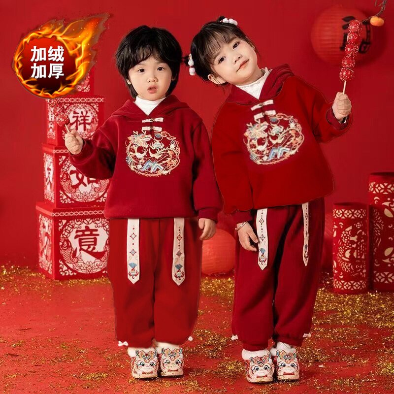 男女童拜年刺绣套装新款龙年汉服加绒儿童加厚唐装喜庆表演两件套