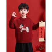 加厚线衣服 新款 男童新年红色马年毛衣儿童半高领针织衫 2026秋冬装