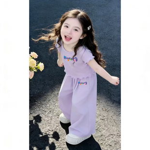 新款 中大童洋气时尚 荷叶边短袖 女童短袖 韩版 夏季 阔腿裤 套装