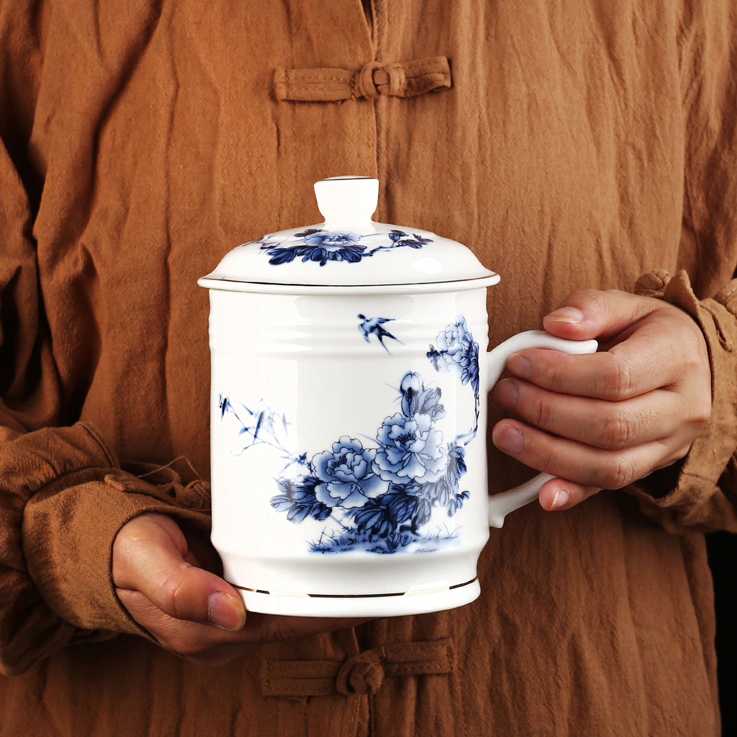 陶瓷茶杯带盖泡茶个人杯家用喝茶水杯子会议杯超大瓷器水杯带手柄