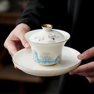 盖碗大号青花瓷三才杯陶瓷敬茶杯带壶承托盘冲茶功夫茶具白瓷简约