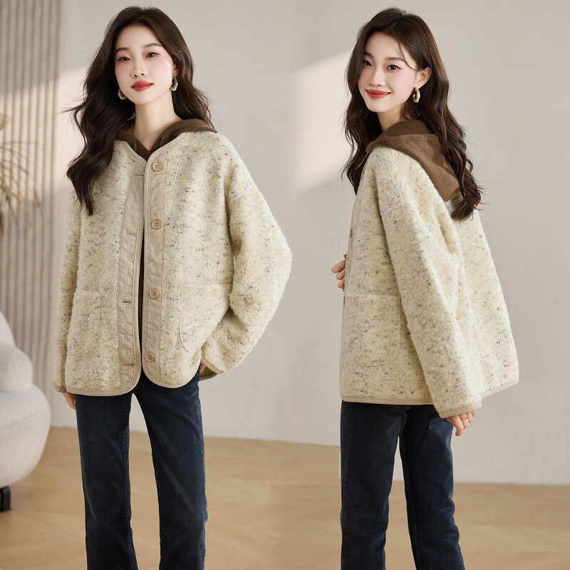 2024新款女装中长款单排扣羊毛雪花呢拼接保暖呢外套