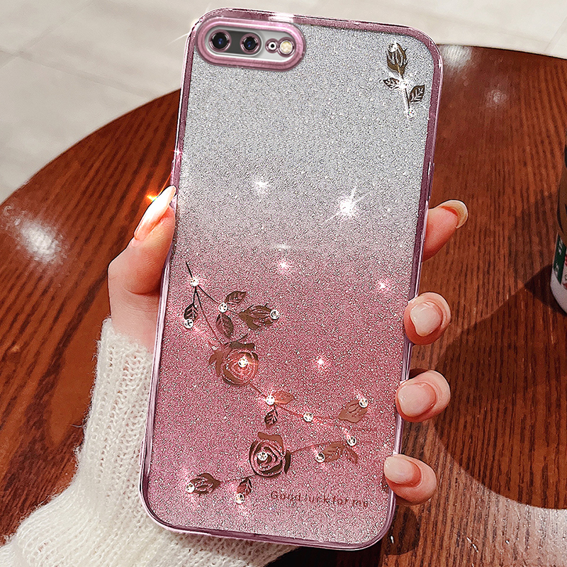 水钻花朵壳适用iPhone7plus手机6splus奢华ip7/8plus苹果15pro女款16pro闪粉13渐变xsmax硅胶14软13pro保护套