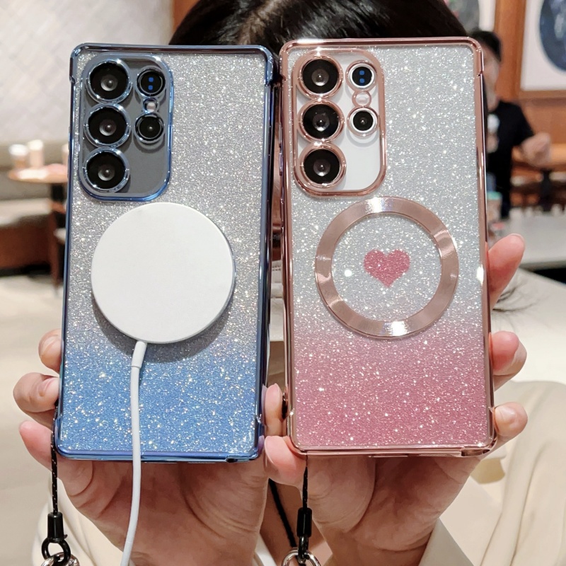 带爱心渐变闪粉卡纸适用三星s25ultra手机壳轻奢电镀s24fe磁吸s23+plus手提绳s22uitra手腕带3星s21uitra外壳