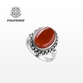 海盗船银饰新款 红玛瑙戒指女925银复古花纹指环欧美时尚 大气银戒