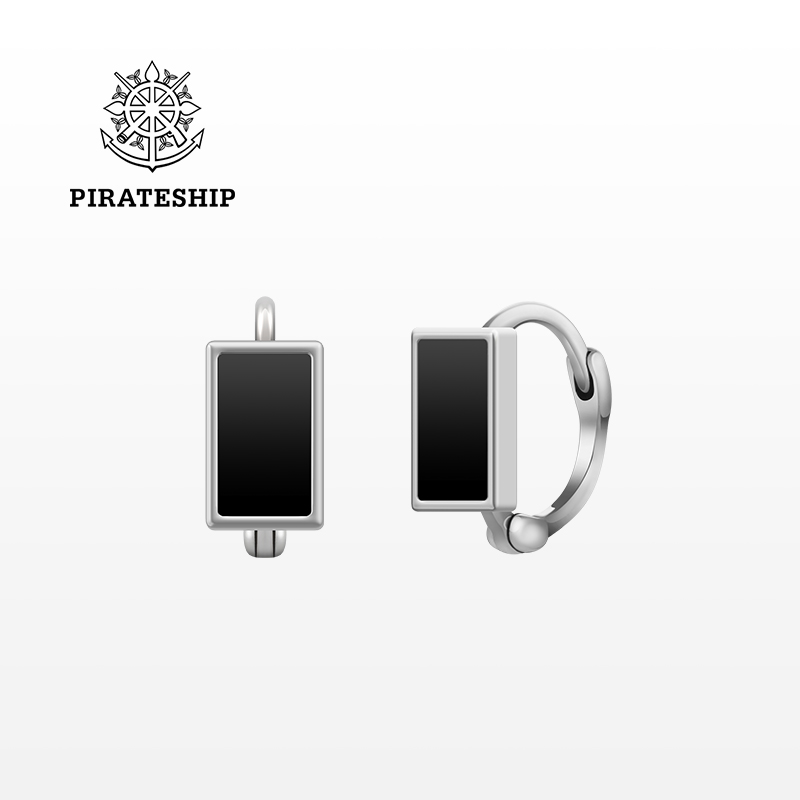 海盗船银饰方形黑色耳钉气质耳扣