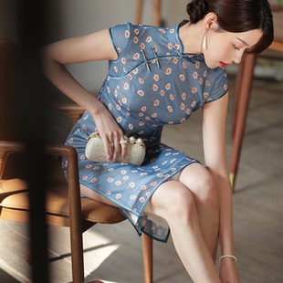 国风复古气质 蓝底小花连衣裙限量定制款 改良少女旗袍2020春季 新品