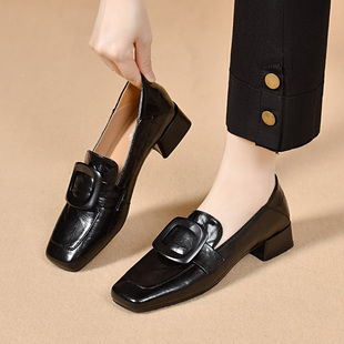 2026春秋新款真皮深口单鞋女英伦风方头乐福鞋粗跟一脚蹬黑色皮鞋