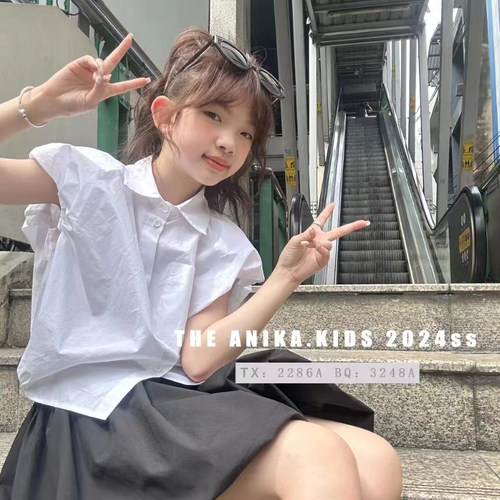 ANIKA阿尼卡品牌童装2024夏新款女童中大童 短款纯棉衬衣衬衫短袖