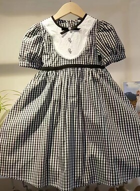 欧恰恰女童连衣裙新款夏季新女孩洋气高端翻领格子短袖公主裙学院