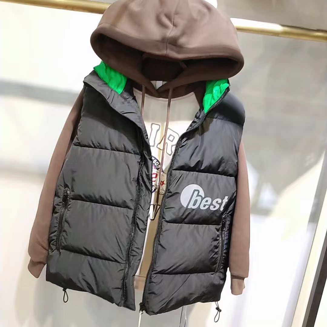 百仕博冬新款大童男女童青少年保暖加厚潮牌印花带帽棉马夹外套