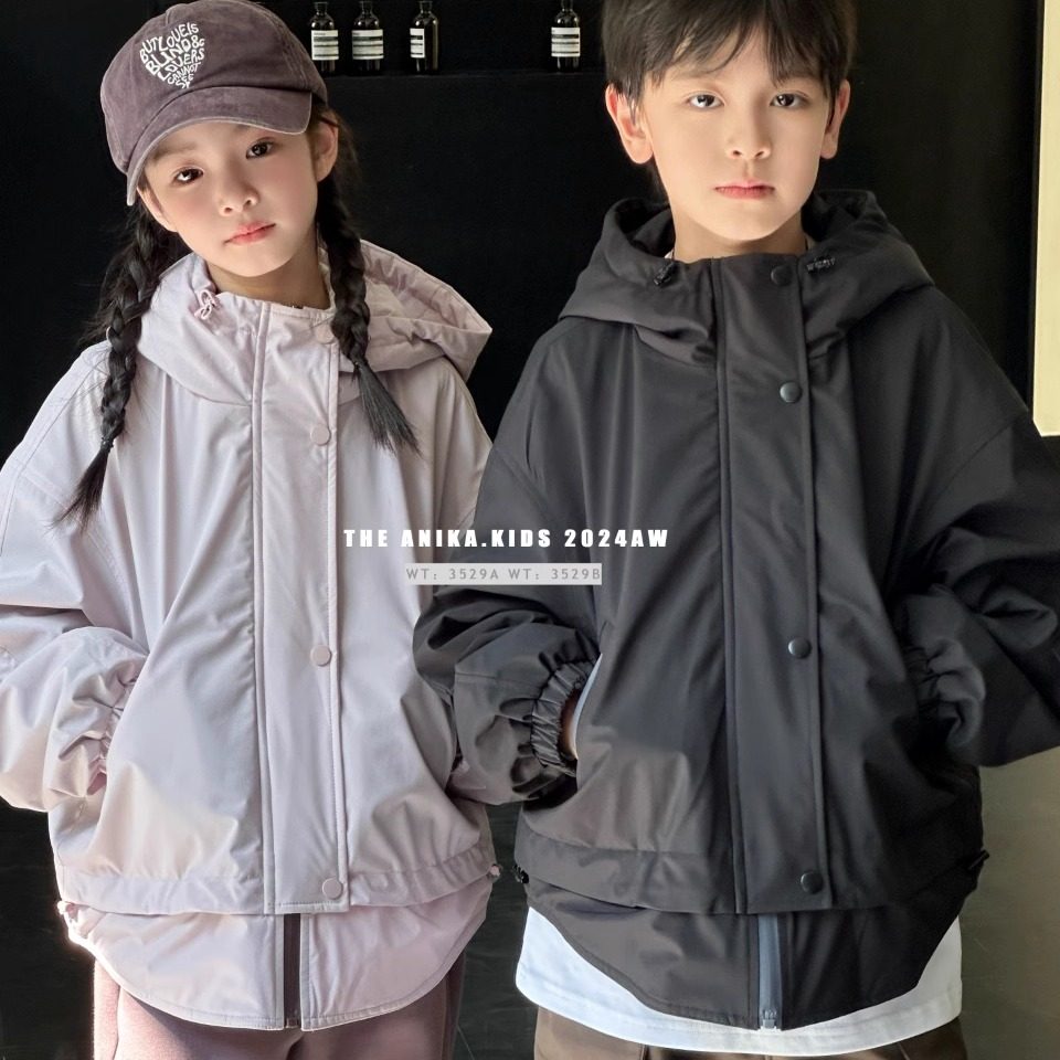 阿尼卡2024冬新女童加棉连帽外套防风保暖简约实穿粉色棉衣冲锋衣