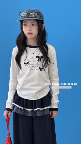 阿尼卡2026秋季新款女童时尚韩版蝴蝶结T恤儿童打底衫中大童潮