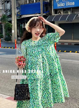 ANIKA阿尼卡品牌童装夏新款女童中大童绿色小碎花连衣裙韩国